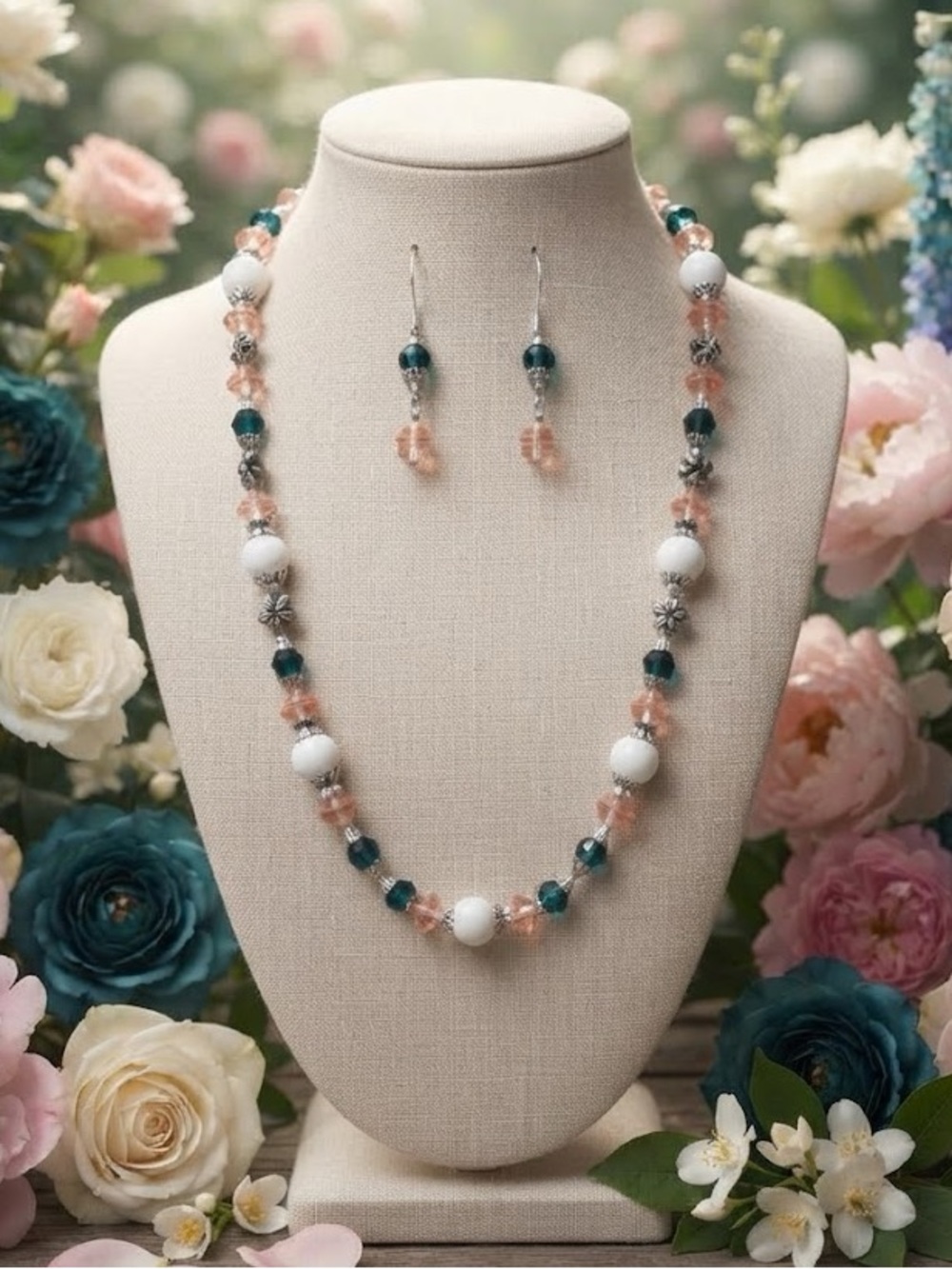 Artisan Teal, White and Blush Pink Glass Beaded Necklace & Earrings Set 🧁